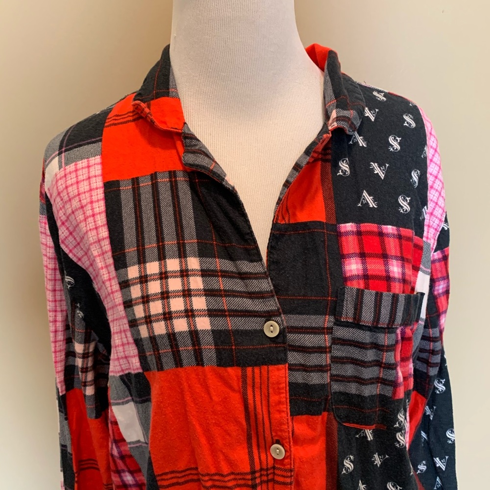Vs Plaid Patchwork Flannel Button Down Sleep Shirt - image 2
